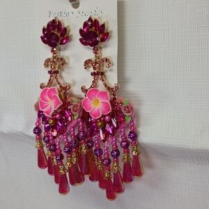 Pink and Gold Floral Dangle Earrings
